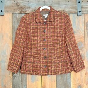 Croft & Barrow Womens L Tweed Blazer Jacket Brown Pink Plaid Button Front